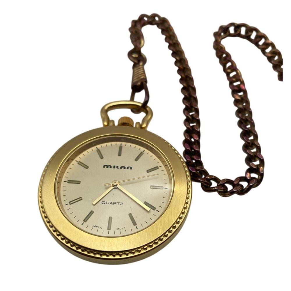 Milan Quartz Open Face Pocket Watch MLN1070 with Chain and Clip - Fresh Battery